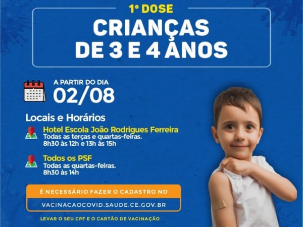 Santana do Cariri inicia vacinação contra covid-19 de crianças de 3 a 4 anos.