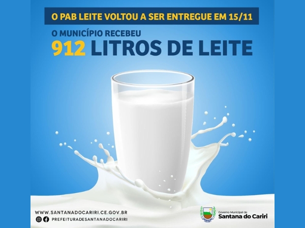 912 litros de leite do Programa Alimenta Brasil (PAB) destinados ao município.